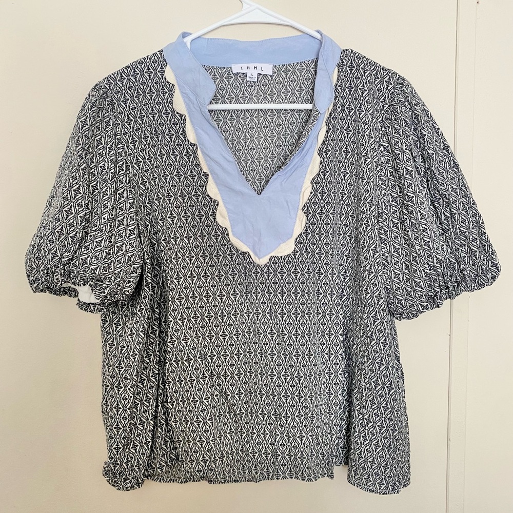 THML Black & White Patterned Puff Sleeve Blouse with Light Blue Scalloped V-Neck